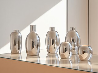 A set of metallic silver hair color jars, artistically arranged on a polished glass table with glowing accents