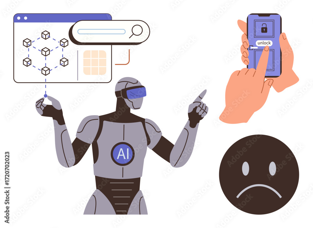 Poster ai robot interacting with blockchain visualization, smartphone with unlock action icon, and sad face