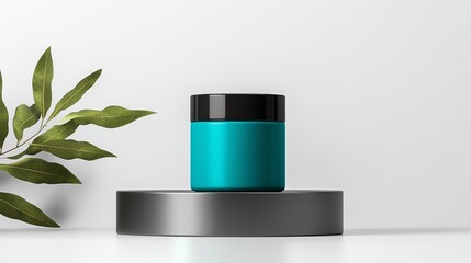 A vibrant teal hair dye jar, artistically displayed on a brushed metal base with subtle shadows