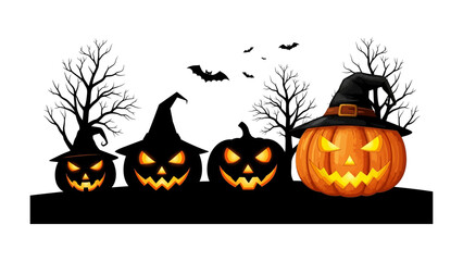 Enchanted Halloween: Four Halloween jack-o'-lanterns glow mysteriously beneath a twilight sky. This digital illustration captures the spirit of Halloween