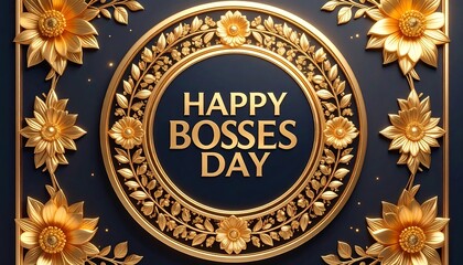 Gold ornate circular frame with "Happy Bosses Day" text, surrounded by golden sunflowers and leaf details on a navy background
