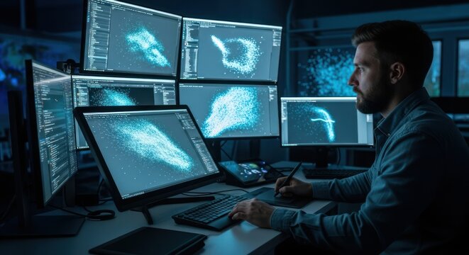 Man Using Multiple Computer Screens to Work on Data Visualization