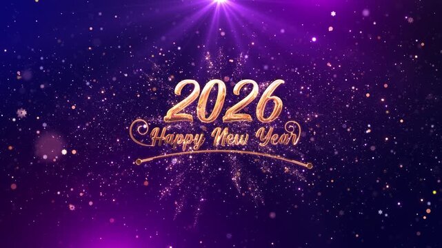Sparkling golden bokeh particles background neon text Happy Happy New Year 2026 stars. numbers clock countdown, falling confetti glow light effects. Luxury festive sparkle holiday postcard, invitation