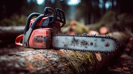 A close-up of a chainsaw resting on a log, surrounded by a forest backdrop, highlighting its rugged design and sharp blade.