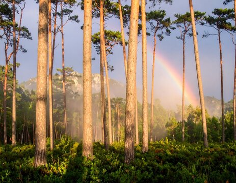 Rainbow over a misty pine forest