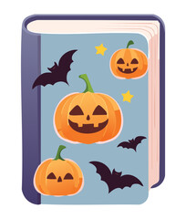 A magical spellbook decorated with a happy, carved pumpkin and flying bats, perfect for a cheerful Halloween design
