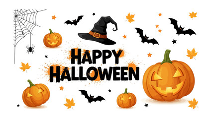 Halloween Elements: A spooky Halloween illustration. This image shows classic halloween elements such as pumpkin, bat, spider web, hat and leaf, perfect for your spooky project.