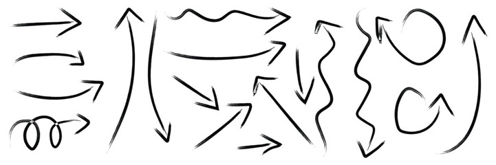 Hand drawn arrow set. Brush art. Crayon texture - curved and straight, spiral and directional pointers for navigation or infographic design. Vector illustration.