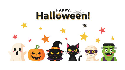 Happy Halloween: A cheerful, cartoonish display of various Halloween elements and icons, creating a playful holiday greeting.