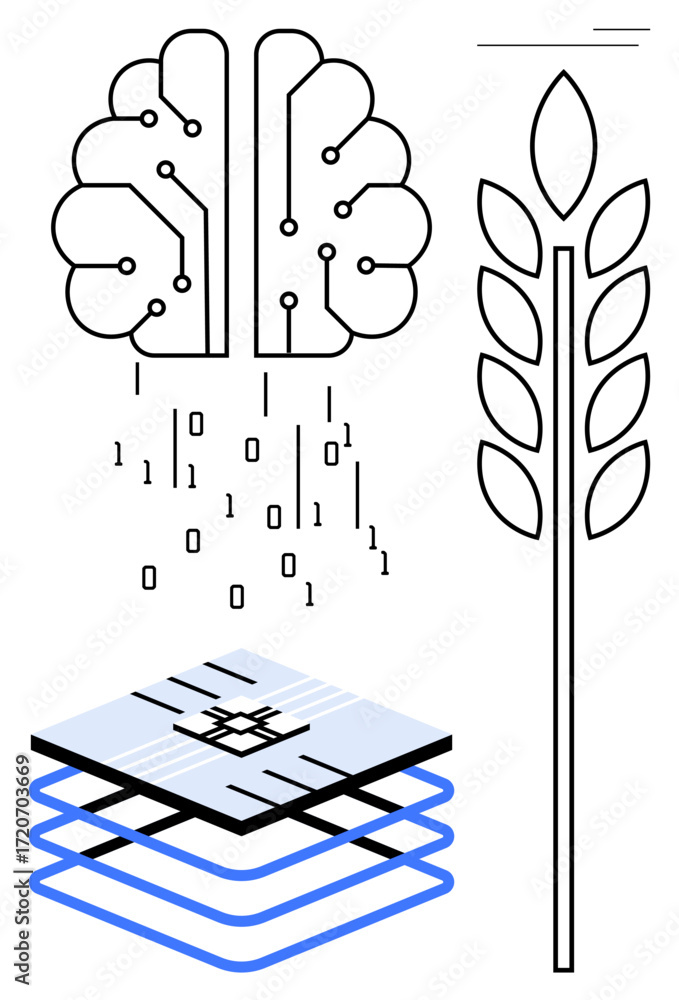 Aufkleber brain-shaped neural network, binary code flow, leaf stem, and layered data blocks illustrate ai, mac