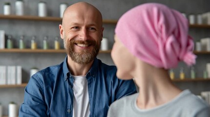 Young Girl with Cancer in Pink Beanie and Smiling Adult, Emphasizing Hope, Resilience, and Strong Supportive Bond in a Comfortable Indoor Setting