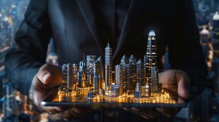 Man's hands working on digital tablet, reflection of city view double exposure