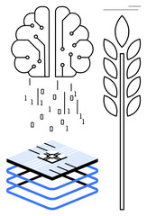 Brain-shaped neural network, binary code flow, leaf stem, and layered data blocks illustrate AI, machine learning, and technology in agriculture. Ideal for innovation, data, farming sustainability