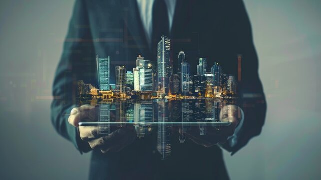 Man's hands working on digital tablet, reflection of city view double exposure