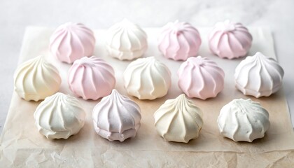 Fototapeta premium Assorted pastel meringue cookies on parchment paper