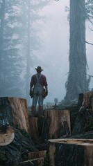 Obraz premium A lumberjack stands among tree stumps in a foggy forest, embodying resilience and connection to nature.