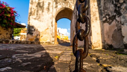 Ancient chain in stone archway