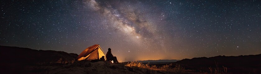 A serene camping scene under a starry sky, featuring a glowing tent and a person gazing at the Milky Way, embodying tranquility and nature's beauty.