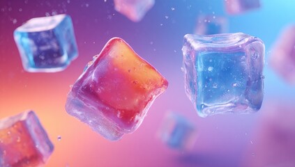 Vibrant, translucent ice cubes float against a blurred, colorful background, droplets suspended in the air