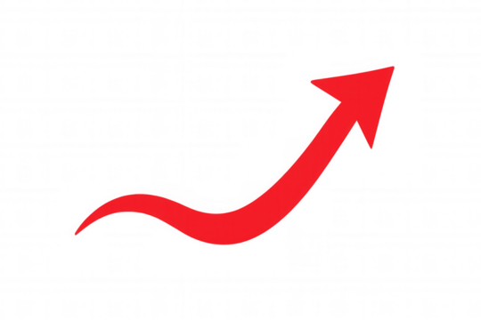 Red arrow curving upwards, representing progress, positive trend, market growth, and achievement. Transparent background