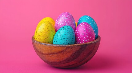 Fototapeta premium Speckled Easter Eggs in Wooden Bowl on Pink Background