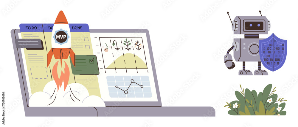 Aufkleber rocket launching amidst data charts on a laptop, accompanied by a robot with a shield. ideal for inn