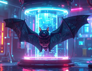Bat floats inside futuristic cryogenic chamber surrounded by neon lights in a science lab, showcasing advanced technology and a hint of mystery.