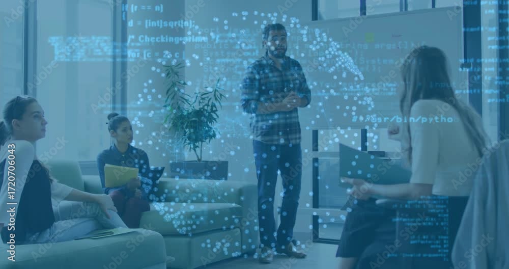 Aufkleber entering frame and addressing team, presenter guiding business strategy with pulsing data sphere