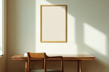 Empty room with a framed poster and desk