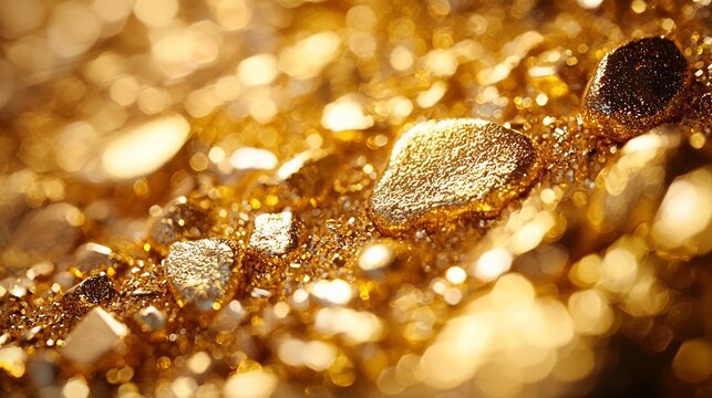 Golden nuggets scattered on a surface, abstract background