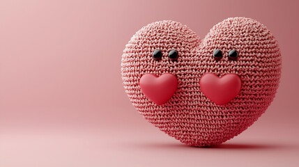 Cute knitted heart shape with kissing hearts on a pink background