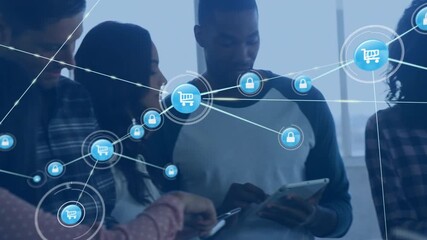 Tech team focusing tablets initiating cart with lock icons while others joining expanding network - Powered by Adobe
