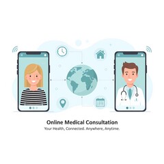 Online Medical Consultation Telemedicine Vector Illustration with Doctor and Patient Connected via Smartphone