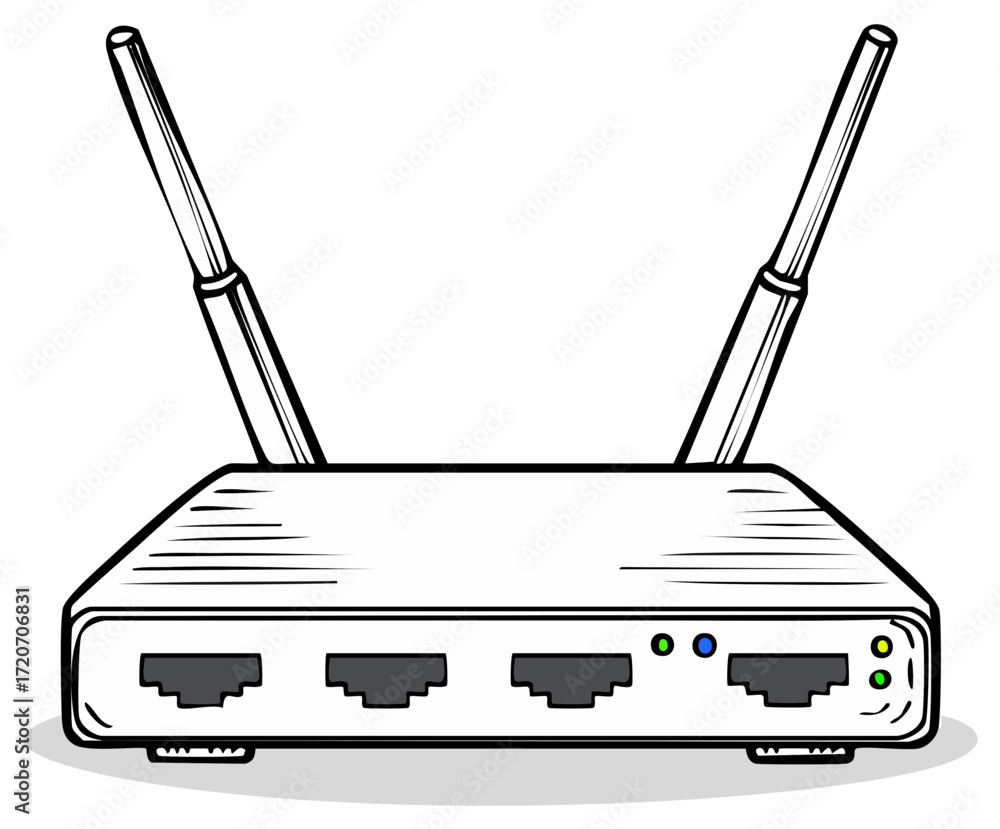 Poster vector line art wireless internet router device with dual antennas and indicator lights for network