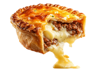 Mince and cheese pie with golden brown crust, mashed potato and melted cheese topping, isolated on white transparent background, concept of New Zealand fast food