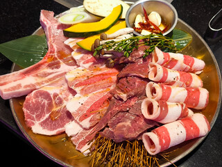 Assorted Raw Meats and Vegetables for Korean BBQ