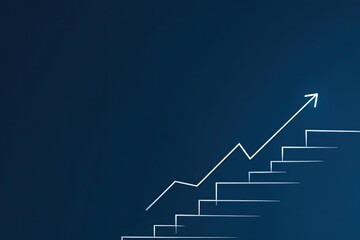 Stairway to success graphic.  White line graphic of upward trend steps, against a dark blue background