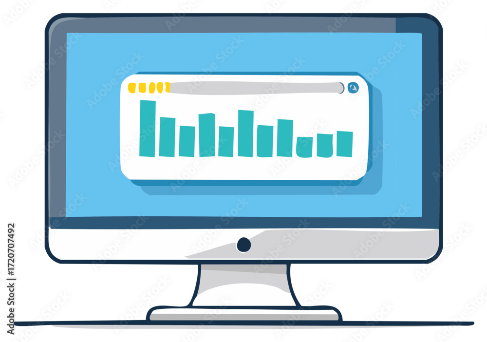 Poster desktop computer screen showing data analysis bar graph illustration
