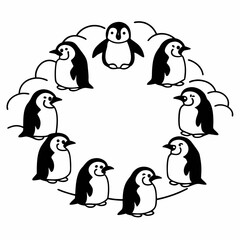 A charming circle of cute cartoon penguins with happy faces and simple black outlines on a white background forming a playful and whimsical border or frame for text or design elements