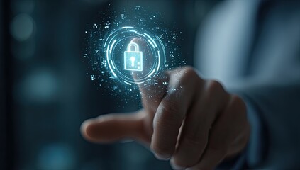 A hand touches a glowing lock icon