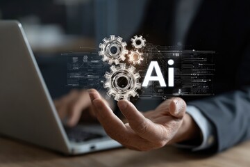 A hand hovers over a holographic display of gears and the word "AI" above an open laptop