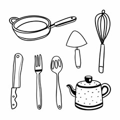 A charming collection of hand drawn kitchen utensils including a frying pan whisk spatula knife fork slotted spoon and a polka dotted teapot perfect for culinary themes and cooking illustrations