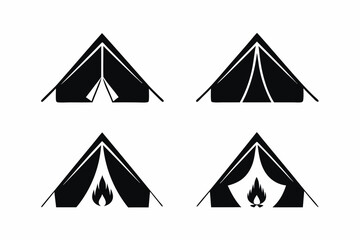 set of Camping tent with fire icon silhouette illustration isolated on white background © creative