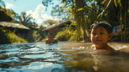 Fototapeta premium Boy playing in the water, cute Asian little boy swimming in river.