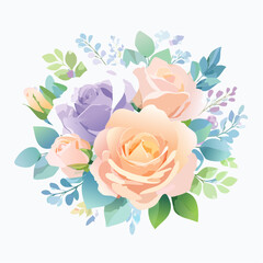 Fototapeta premium A highly detailed vector illustration of a pastel floral bouquet, featuring soft lavender roses, mint green leaves, and pale peach blooms with delicate gradients and subtle shading, perfect for weddin