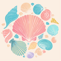 A meticulous vector illustration of a pastel seashell collection, showcasing varied shapes in pale coral, light aqua, and soft yellow with fine line work and subtle shading, suitable for beach decor.
