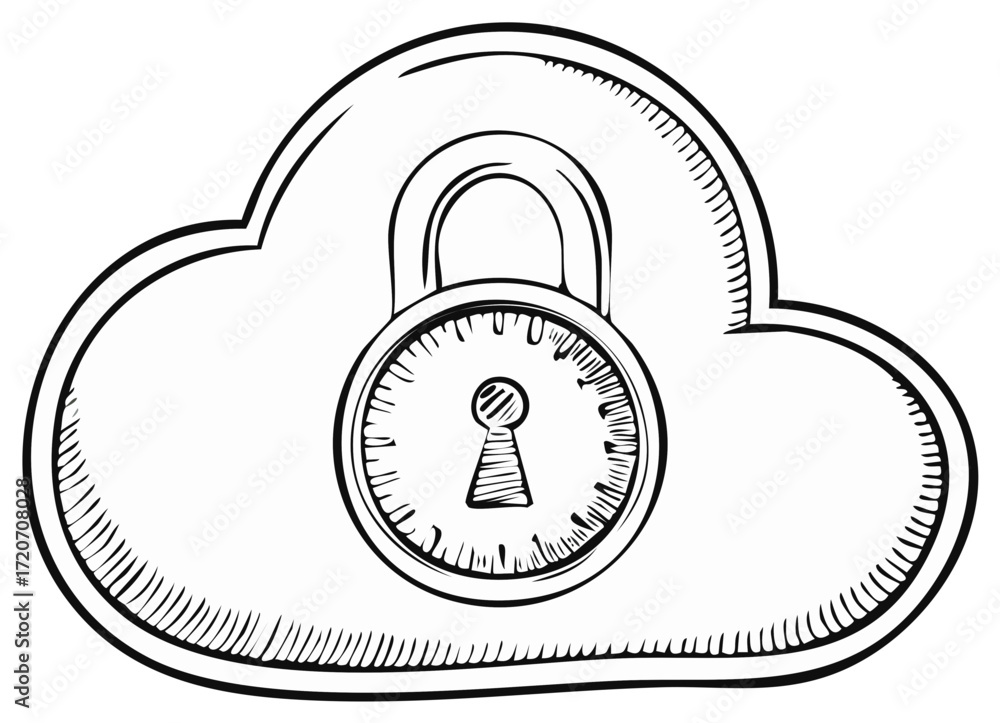 Aufkleber cloud security concept represented by a cloud with a padlock in sketch style