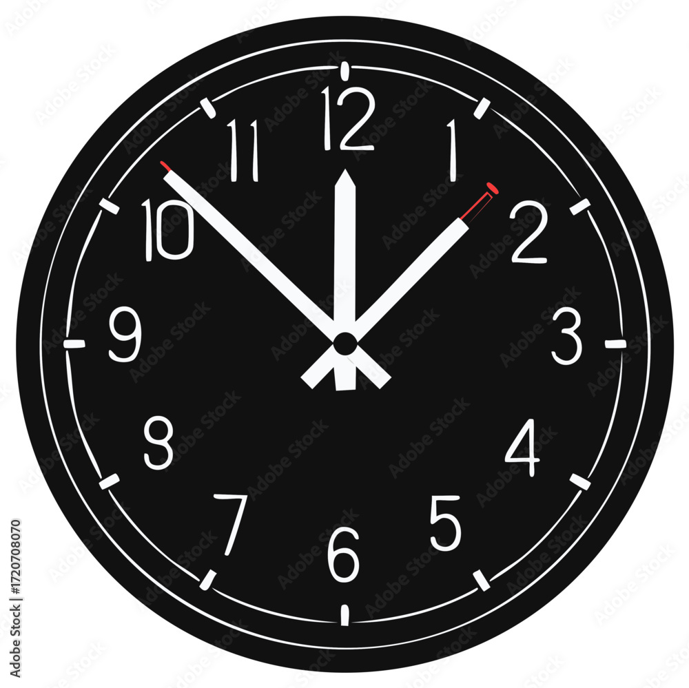 Poster black and white analog clock face with contrasting red second hand showing time