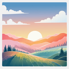 A refined vector illustration of a pastel sunrise landscape, showcasing gentle hills and a sky in soft pinks, oranges, and blues with smooth watercolor-like textures, ideal for wellness posters.
