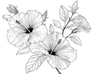 Detailed line drawing of hibiscus flowers and leaves